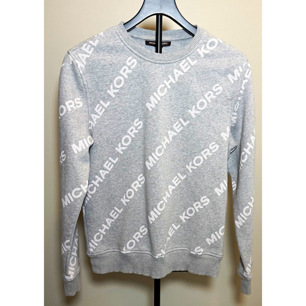 Michael Kors Unisex Gray Fleece Crewneck Pullover Logo All-Over Print Size M